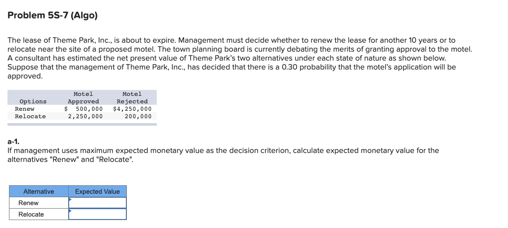 Problem 5S-7 (Algo) The lease of Theme Park,