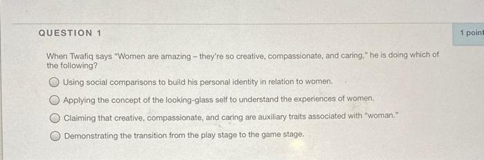 QUESTION 1 1 point When Twafiq says "Women are