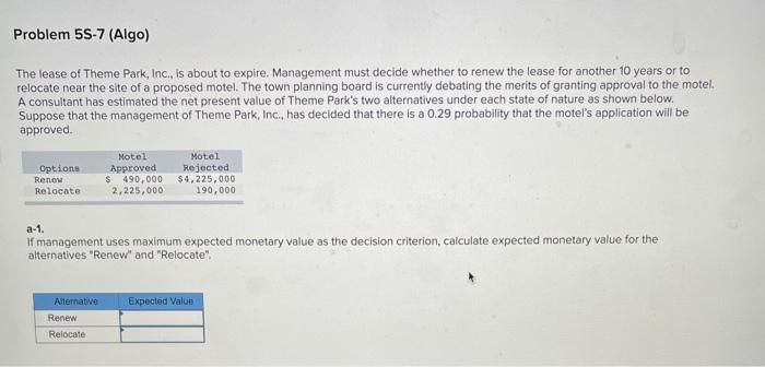 Problem 5S-7 (Algo) The lease of Theme Park,