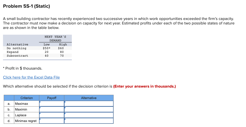 Problem 5S-1 (Static) A small building contractor