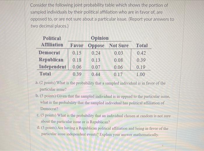 Consider the following joint probability table