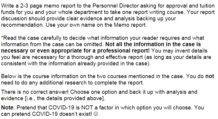 Write a 2-3 page memo report to the Personnel