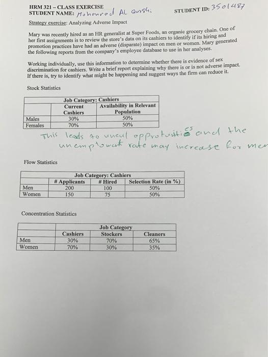 STUDENT ID: 3501487 HRM 321 - CLASS EXERCISE