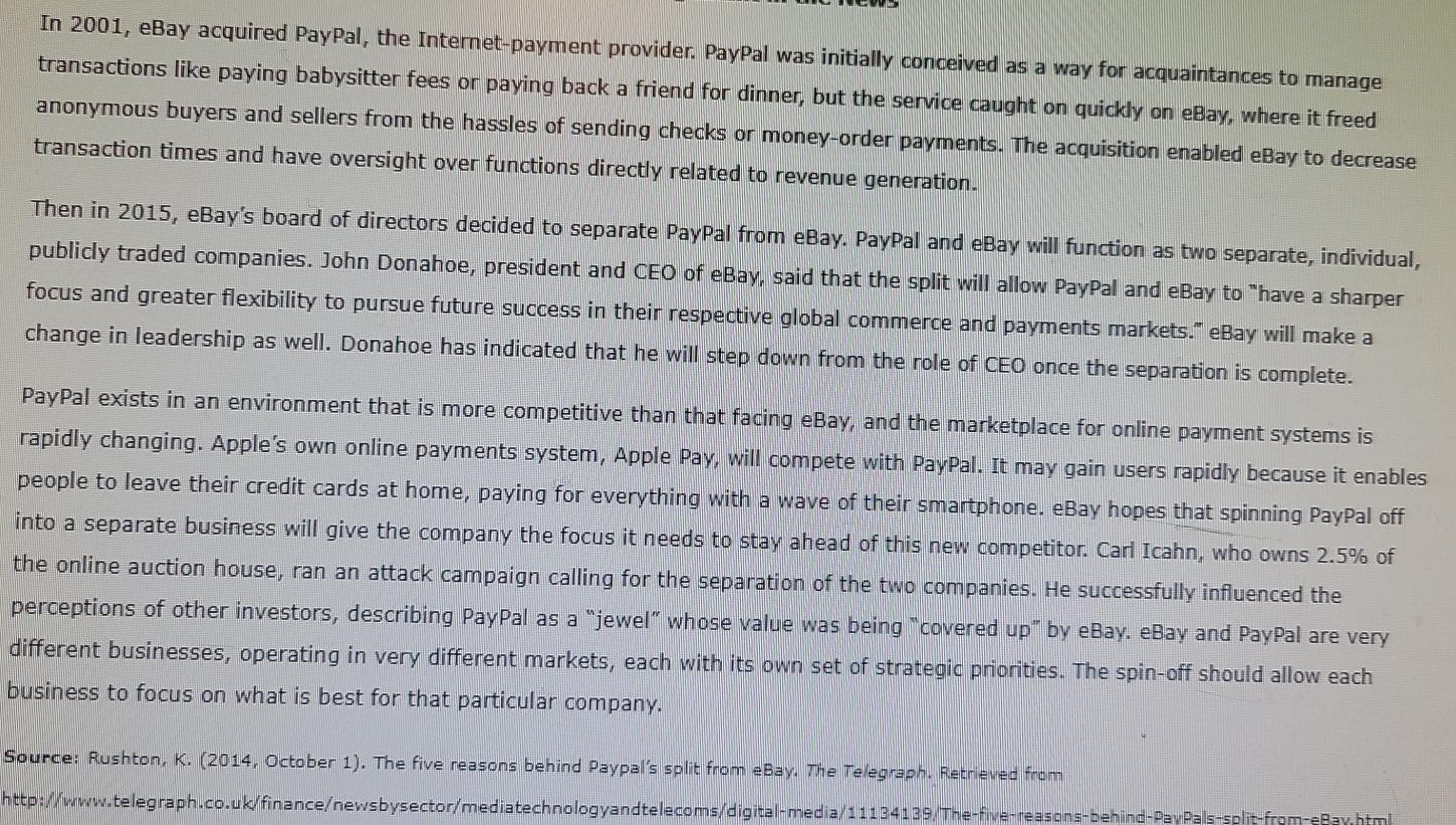 In 2001, eBay acquired PayPal, the