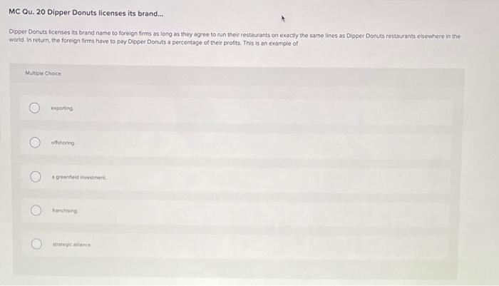 MC Qu. 20 Dipper Donuts licenses its brand...