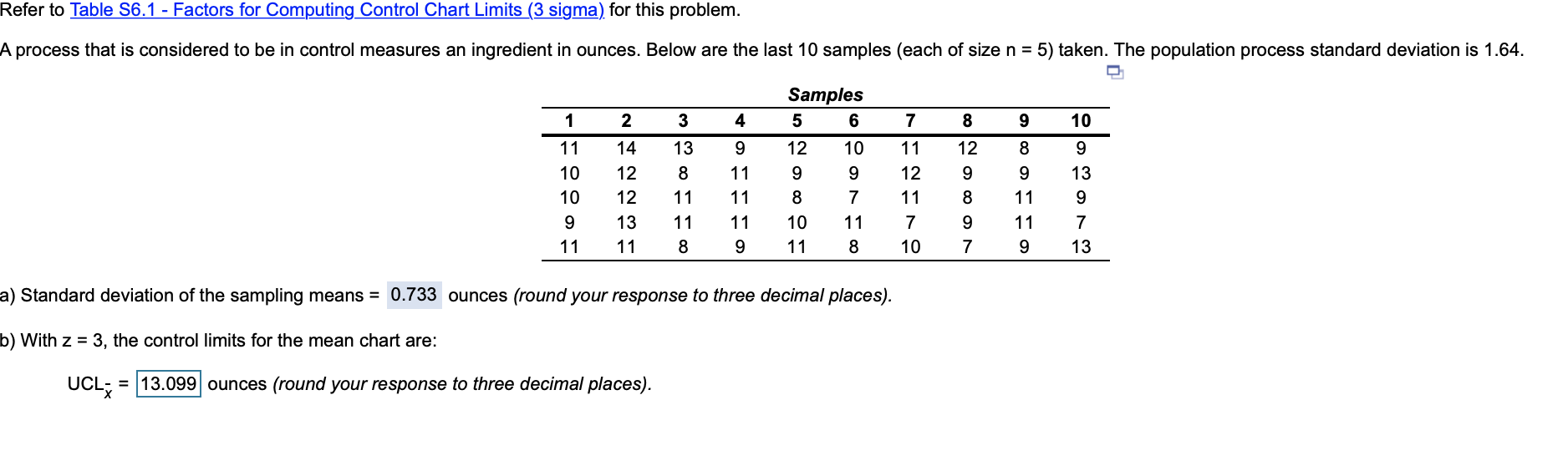 b) With z = 3, the control limits for the mean