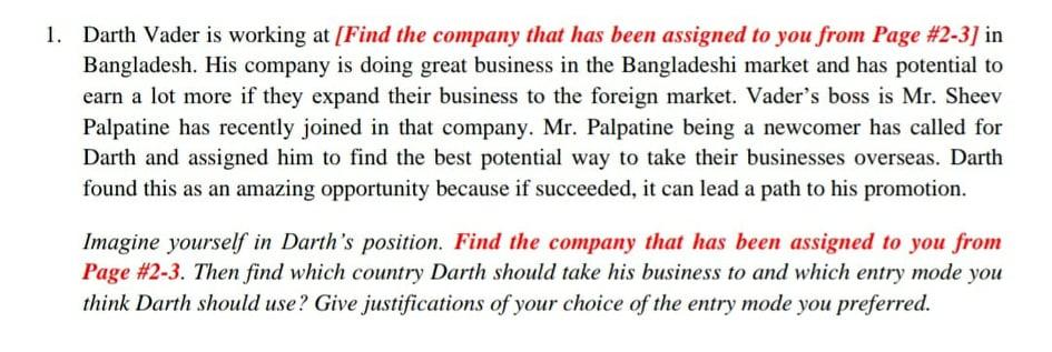 subject;- INTERNATIONAL BUSINESSES 1. Darth Vader