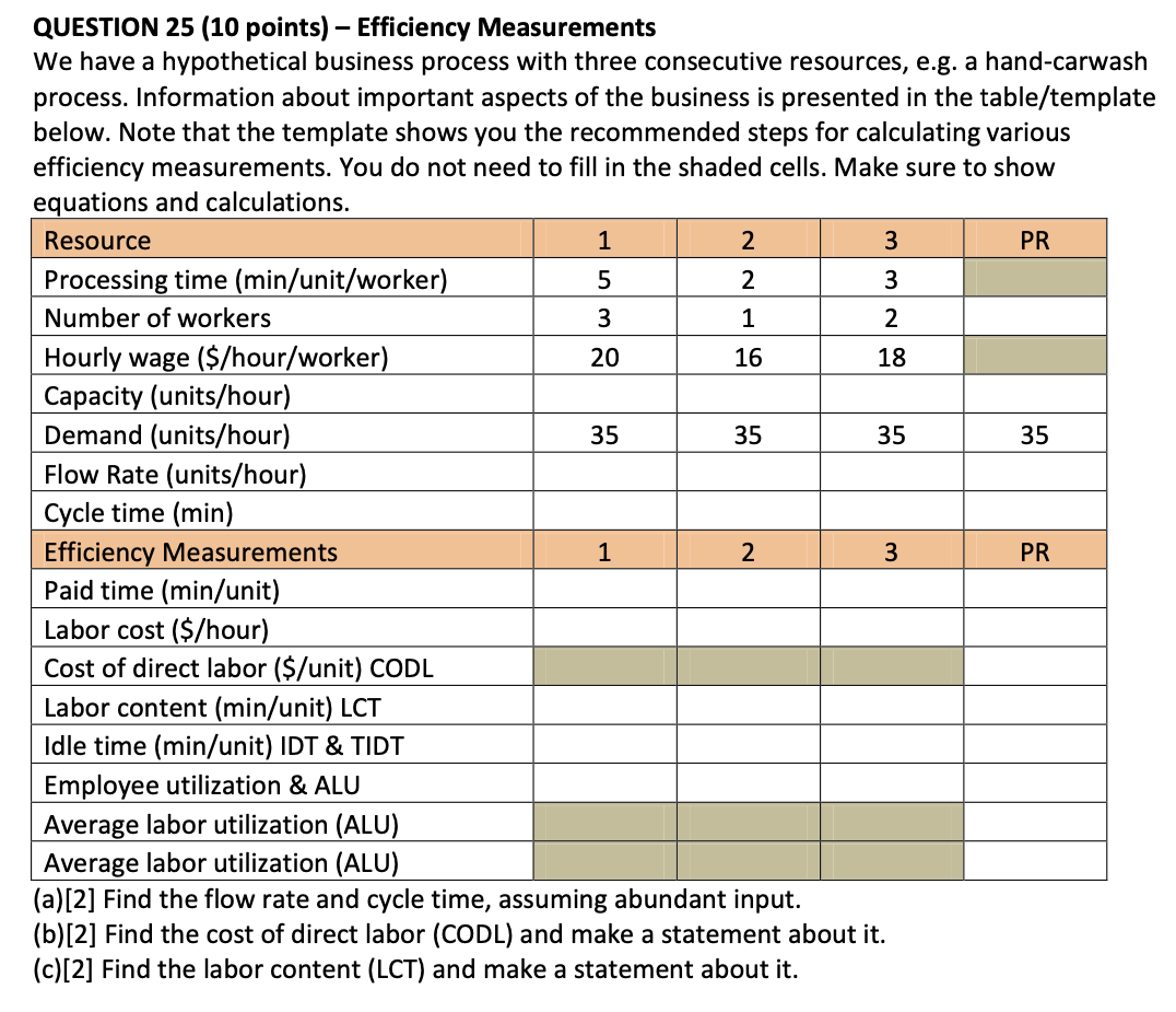 QUESTION 25 (10 points) Efficiency Measurements
