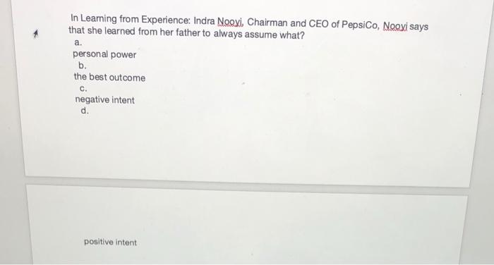 In Leaming from Experience: Indra Noosi, Chairman