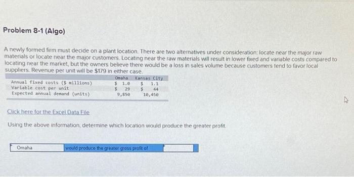 Problem 8-1 (Algo) A newly formed firm must