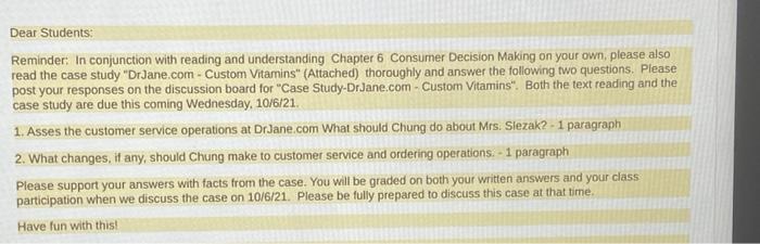 case study chapter 6 BMK Dear Students: Reminder: