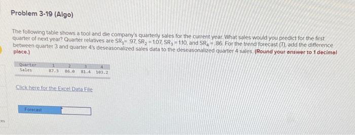 Problem 3-19 (Algo) The following table shows a