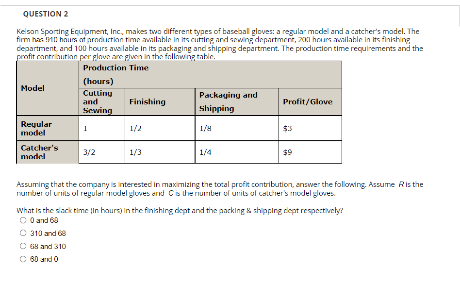 QUESTION 2 Kelson Sporting Equipment, Inc., makes