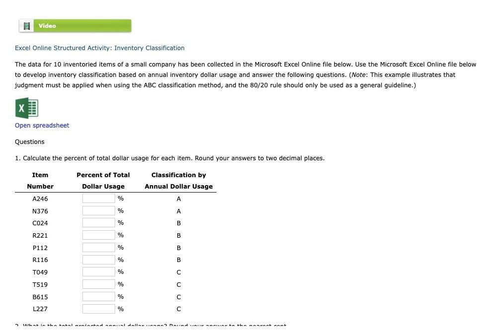 Video Excel Online Structured Activity: Inventory