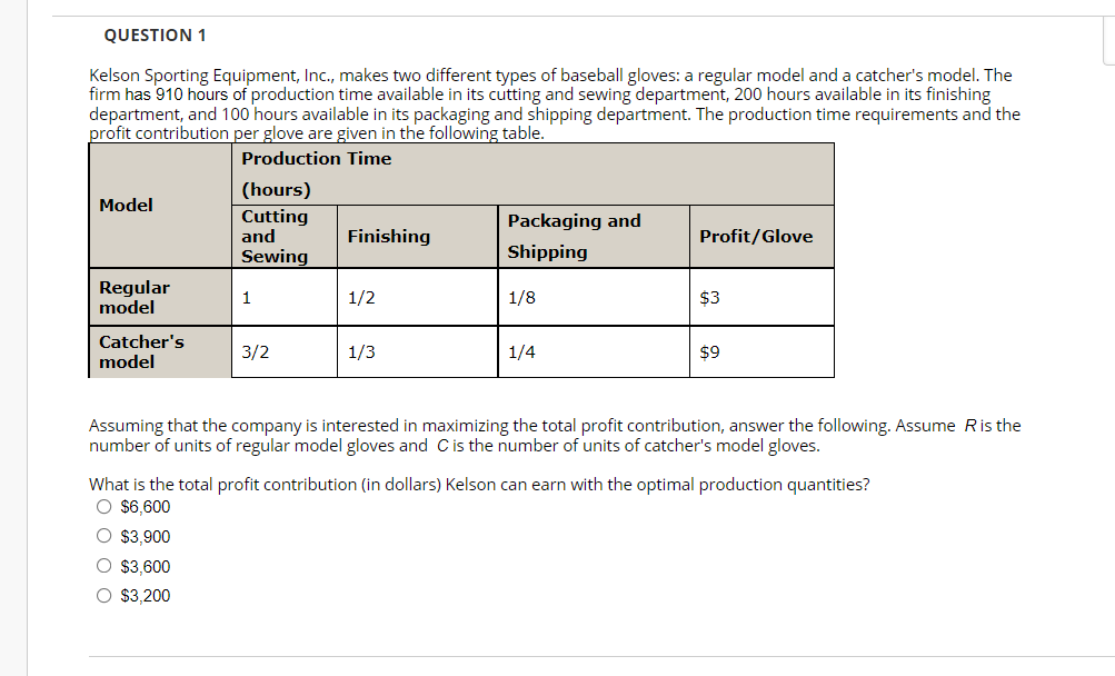 QUESTION 1 Kelson Sporting Equipment, Inc., makes