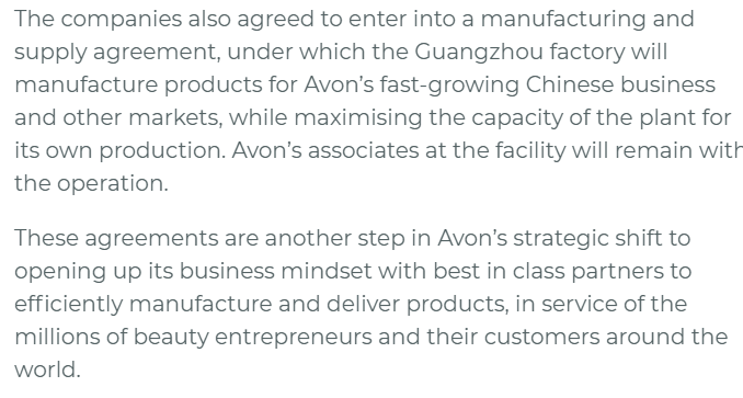 Avon To Sell China Manufacturing Operation To