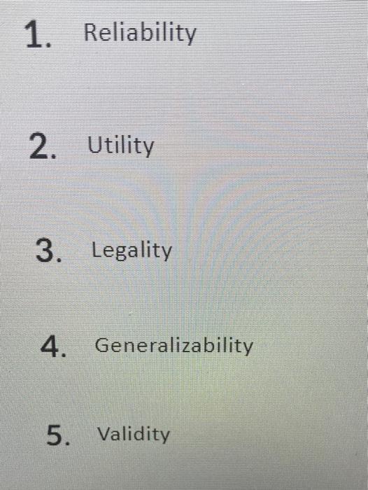 1. Reliability 2. Utility 3. Legality 4.