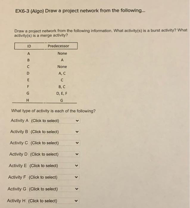 EX6-3 (Algo) Draw a project network from the