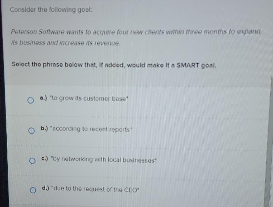 Consider the following goal: Peterson Software