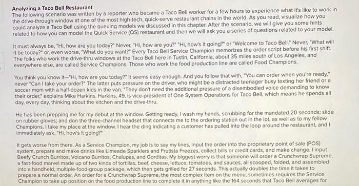 Analyzing a Taco Bell Restaurant The following