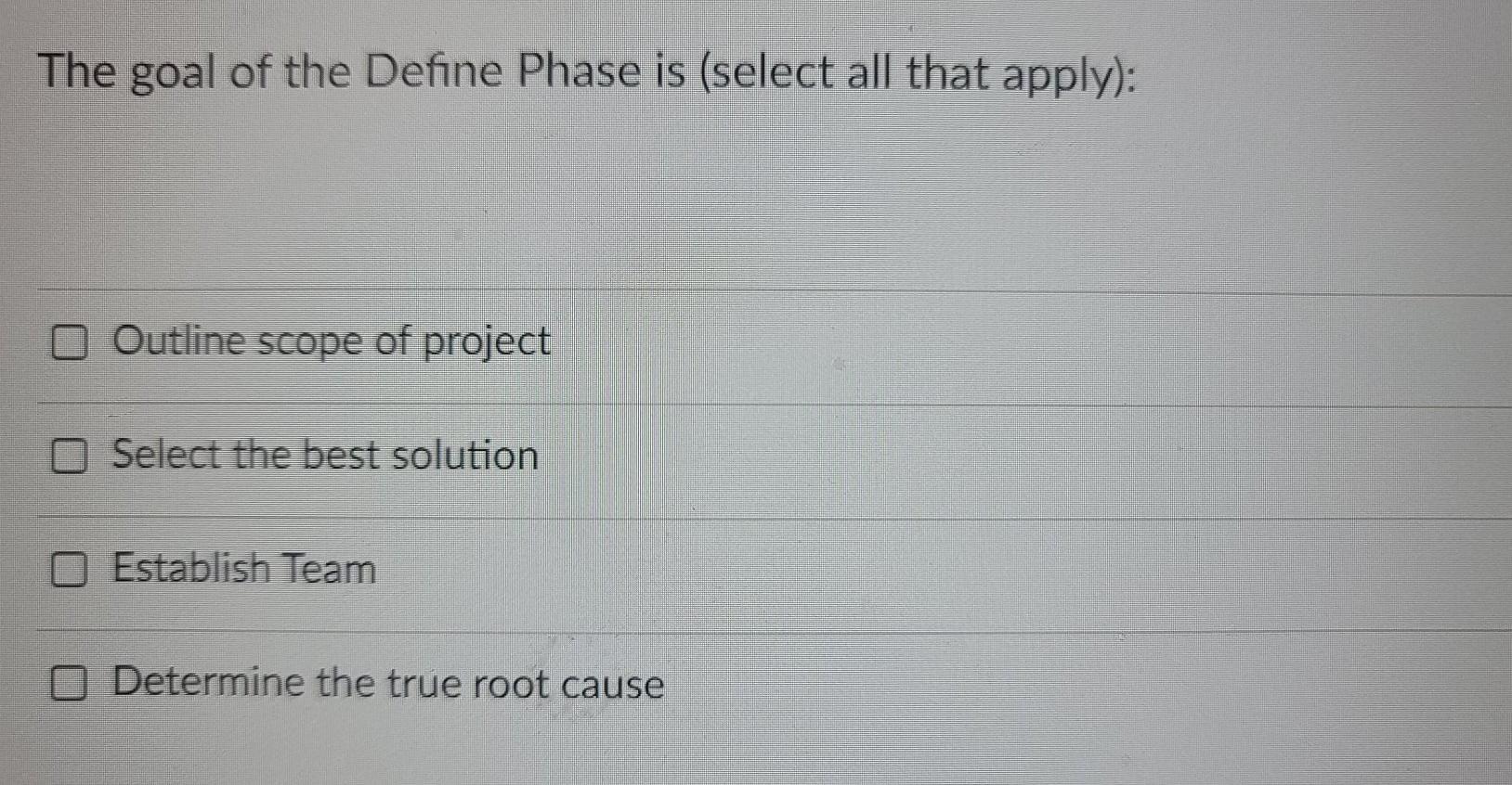 The goal of the Define Phase is (select all that