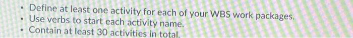 Define at least one activity for each of your WBS