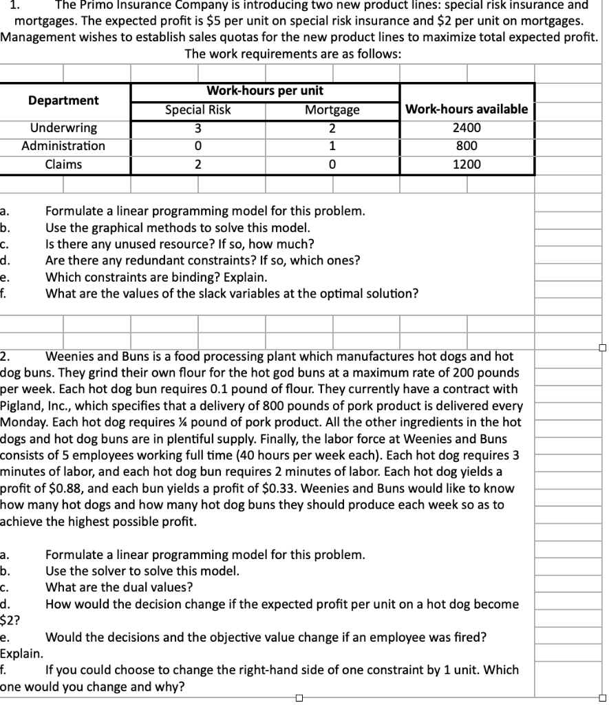 Use Excel & Excel Solver to solve these problems