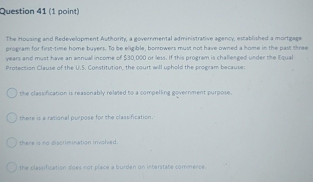 help please Question 41 (1 point) The Housing and