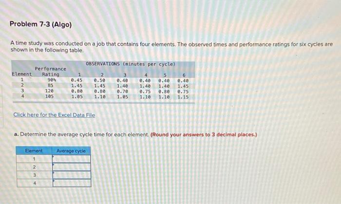 Problem 7-3 (Algo) A time study was conducted on