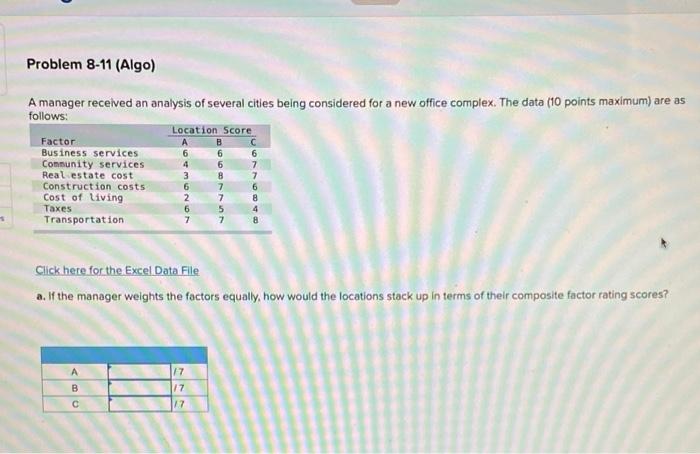 Problem 8-11 (Algo) A manager received an