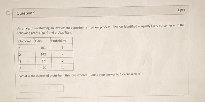 1 pts D Question 5 An analyst is evaluating an