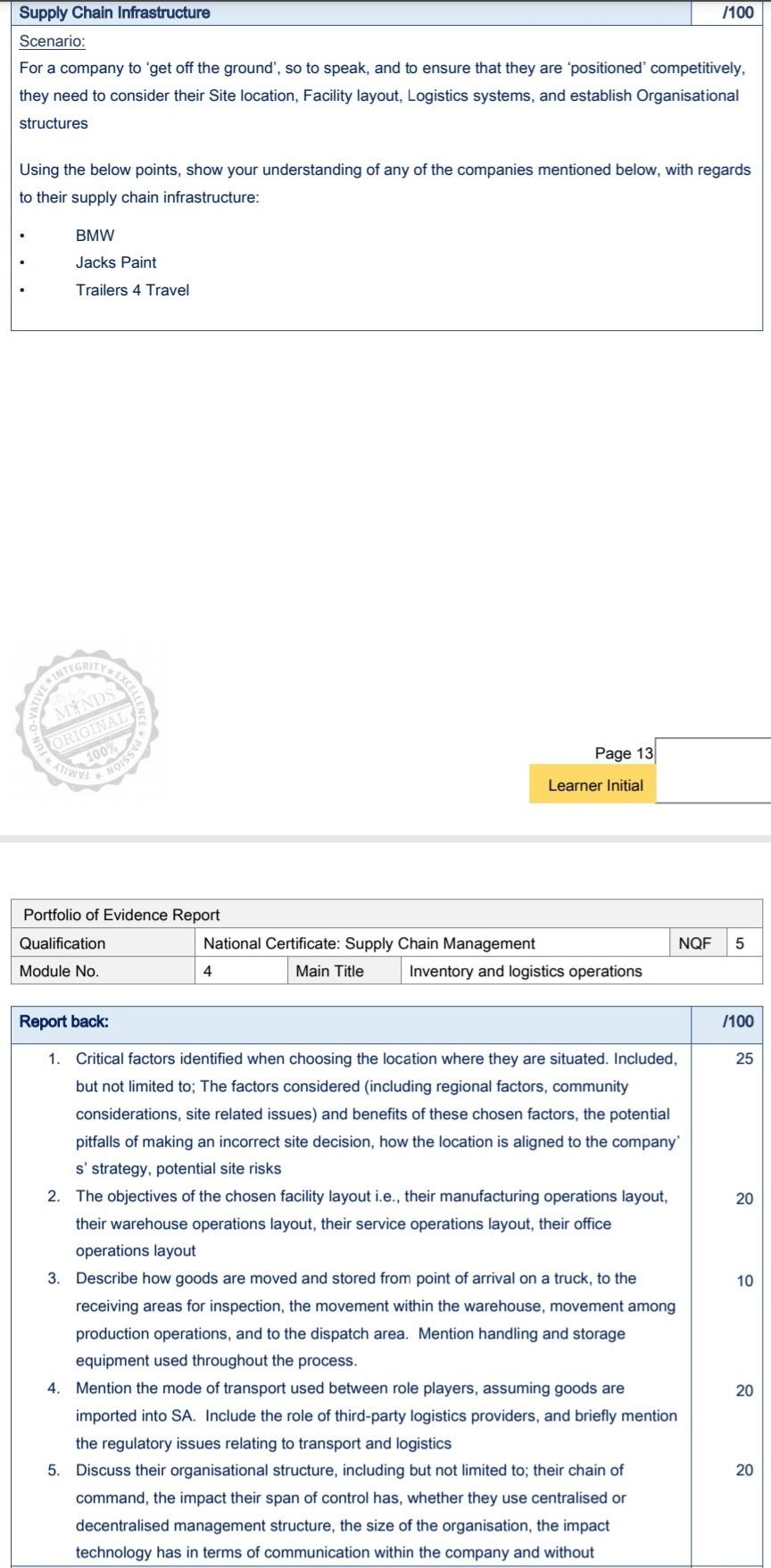 Supply Chain Infrastructure /100 Scenario: For a