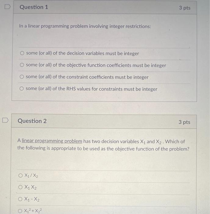 Help with linesr programming Qs D Question 1 3
