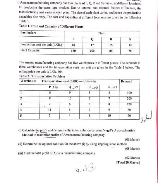 i need answer ii) Amana manufacturing company has