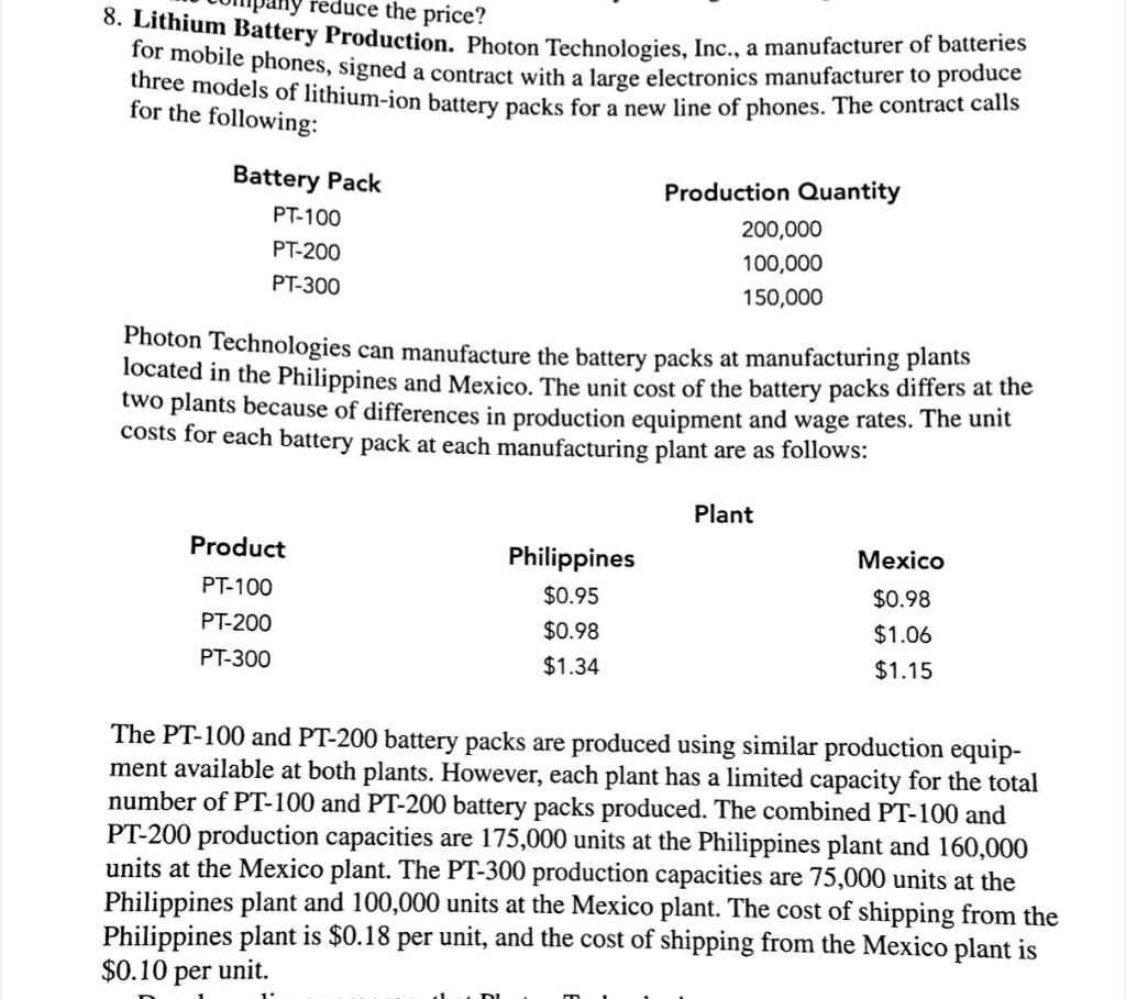 Please answer in Excel! 8. Lithium Battery