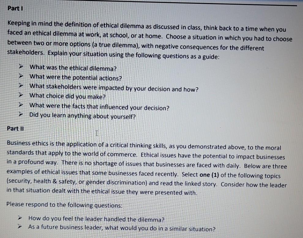 Part 1 Keeping in mind the definition of ethical