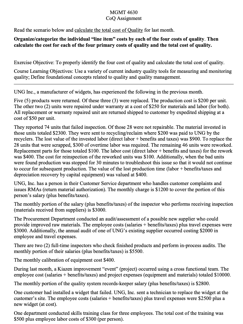 MGMT 4630 COQ Assignment Read the scenario below