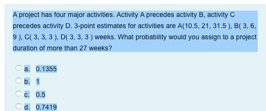 A project has four major activities. Activity A