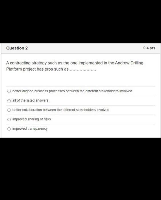 2 Question 2 0.4 pts A contracting strategy such