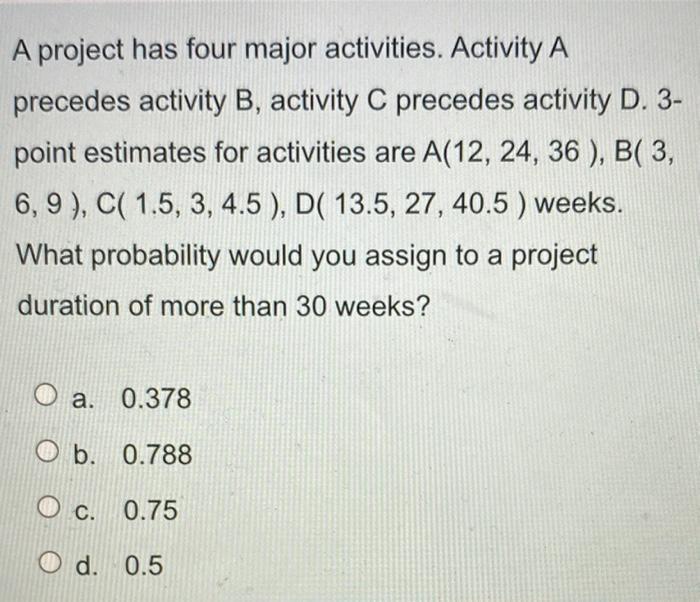 A project has four major activities. Activity A
