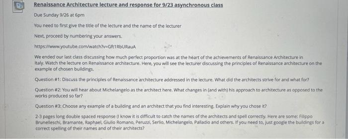Renaissance Architecture lecture and response for