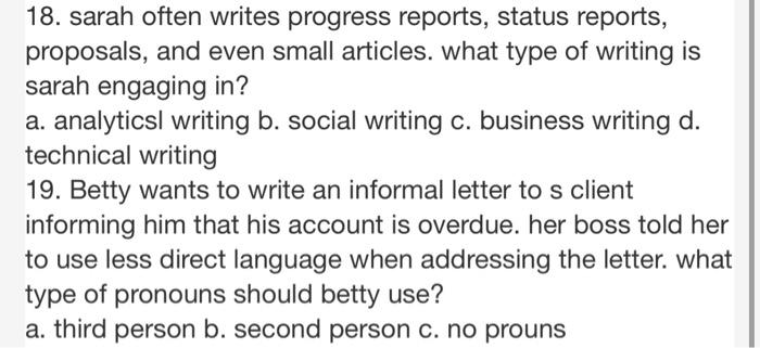 18. sarah often writes progress reports, status