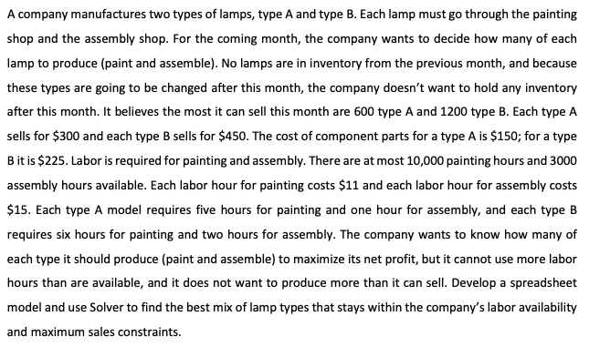 A company manufactures two types of lamps, type A