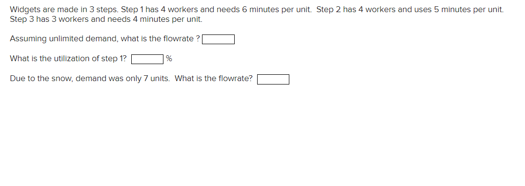 Widgets are made in 3 steps. Step 1 has 4 workers