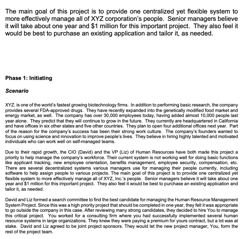 Prepare a project charter for the following Human