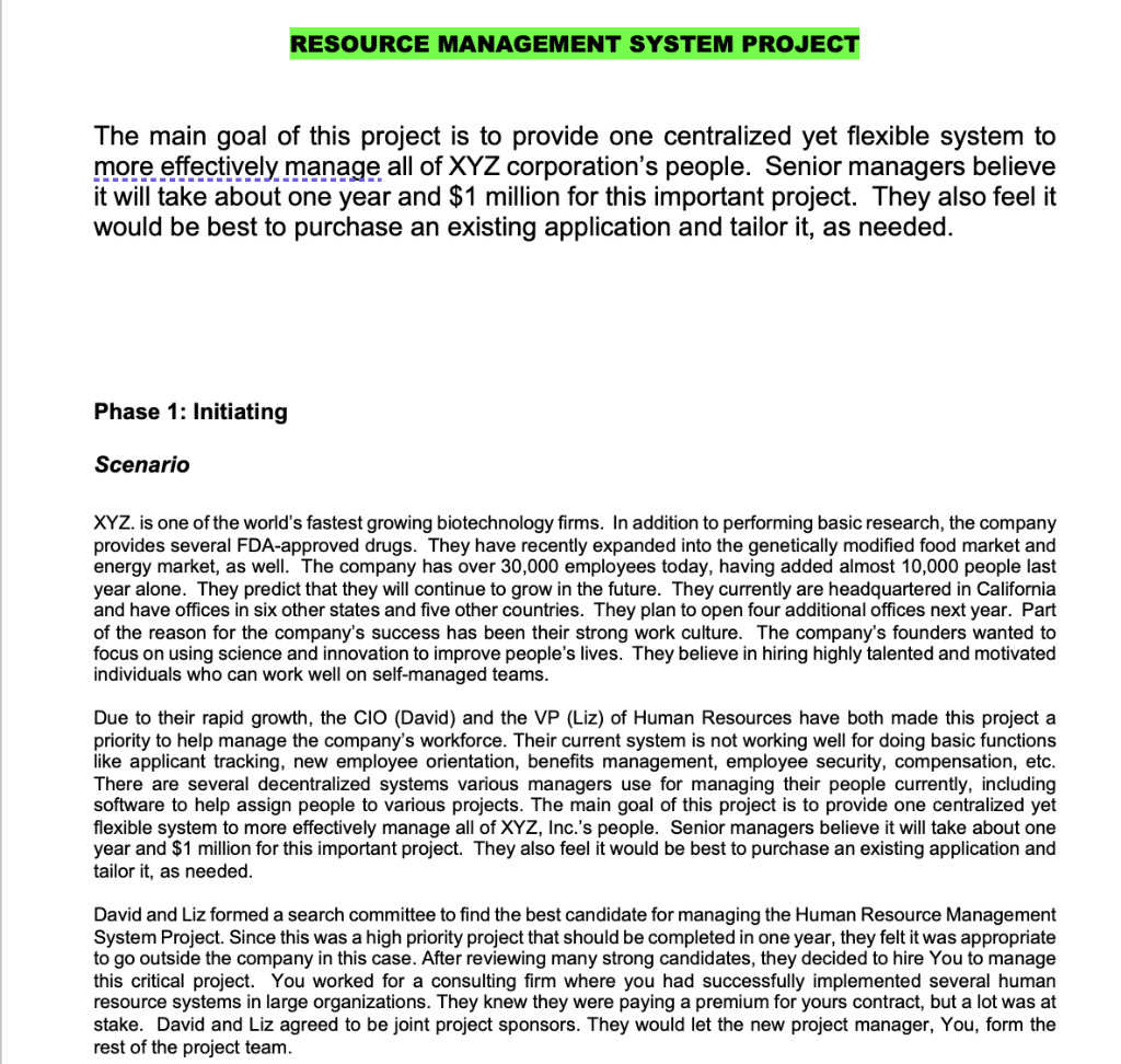 Prepare a project charter for the following Human