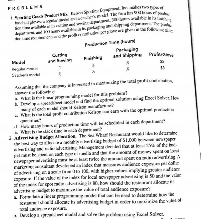 PROBLEMS $5 1. Sporting Goods Product Mix. Kelson