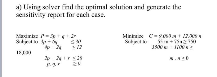 a) Using solver find the optimal solution and