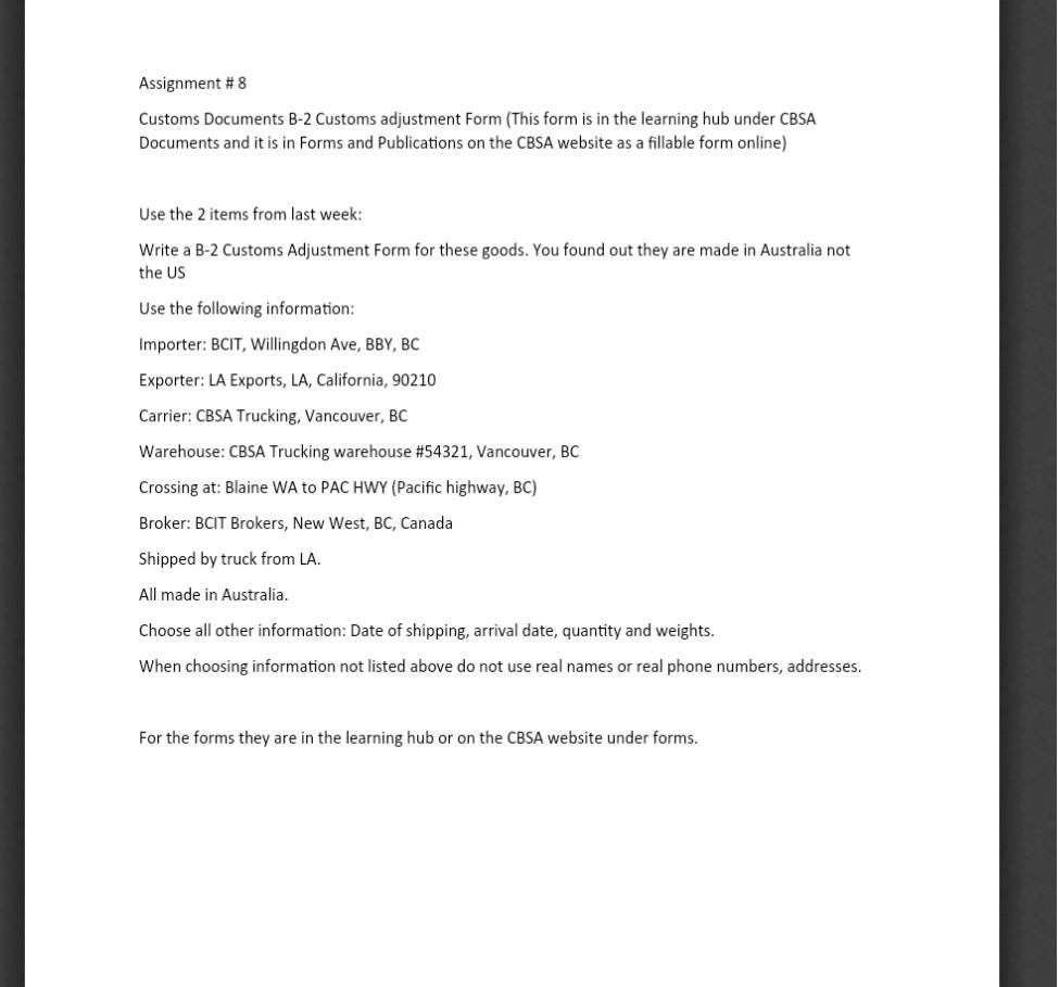 Assignment #8 Customs Documents B-2 Customs