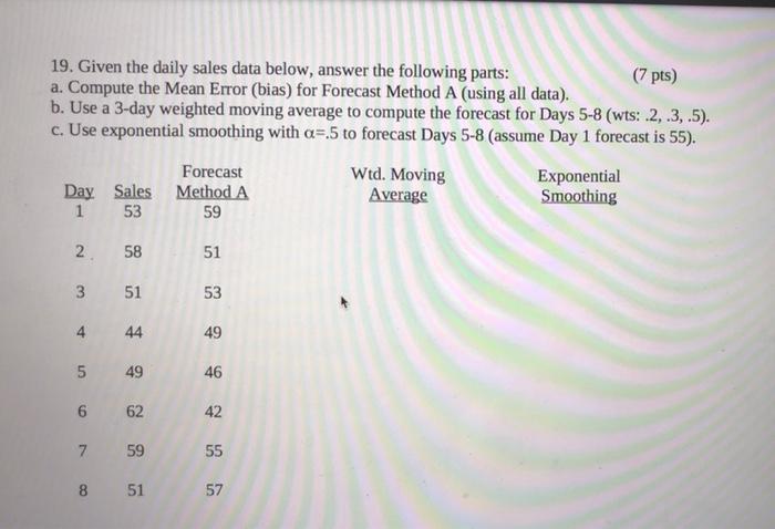 Please show work. 19. Given the daily sales data